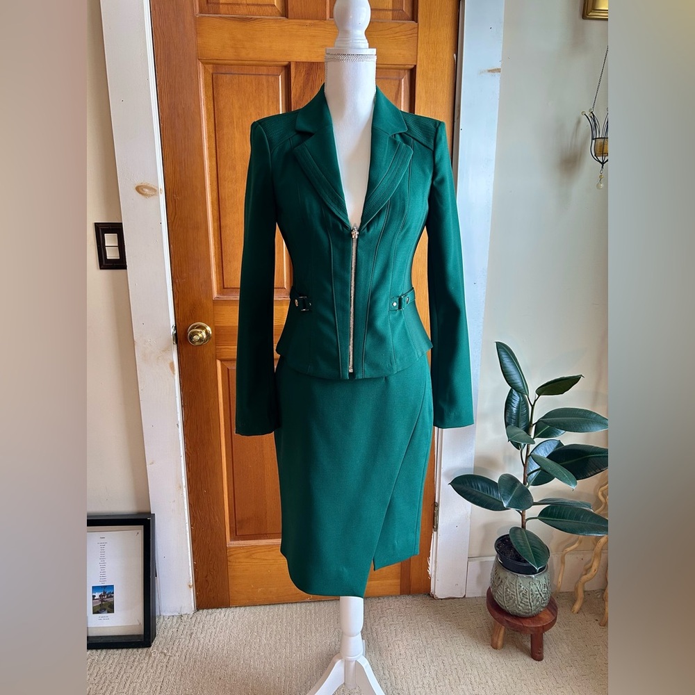 White House Black Market Emerald Green Asymmetrical Skirt Suit
